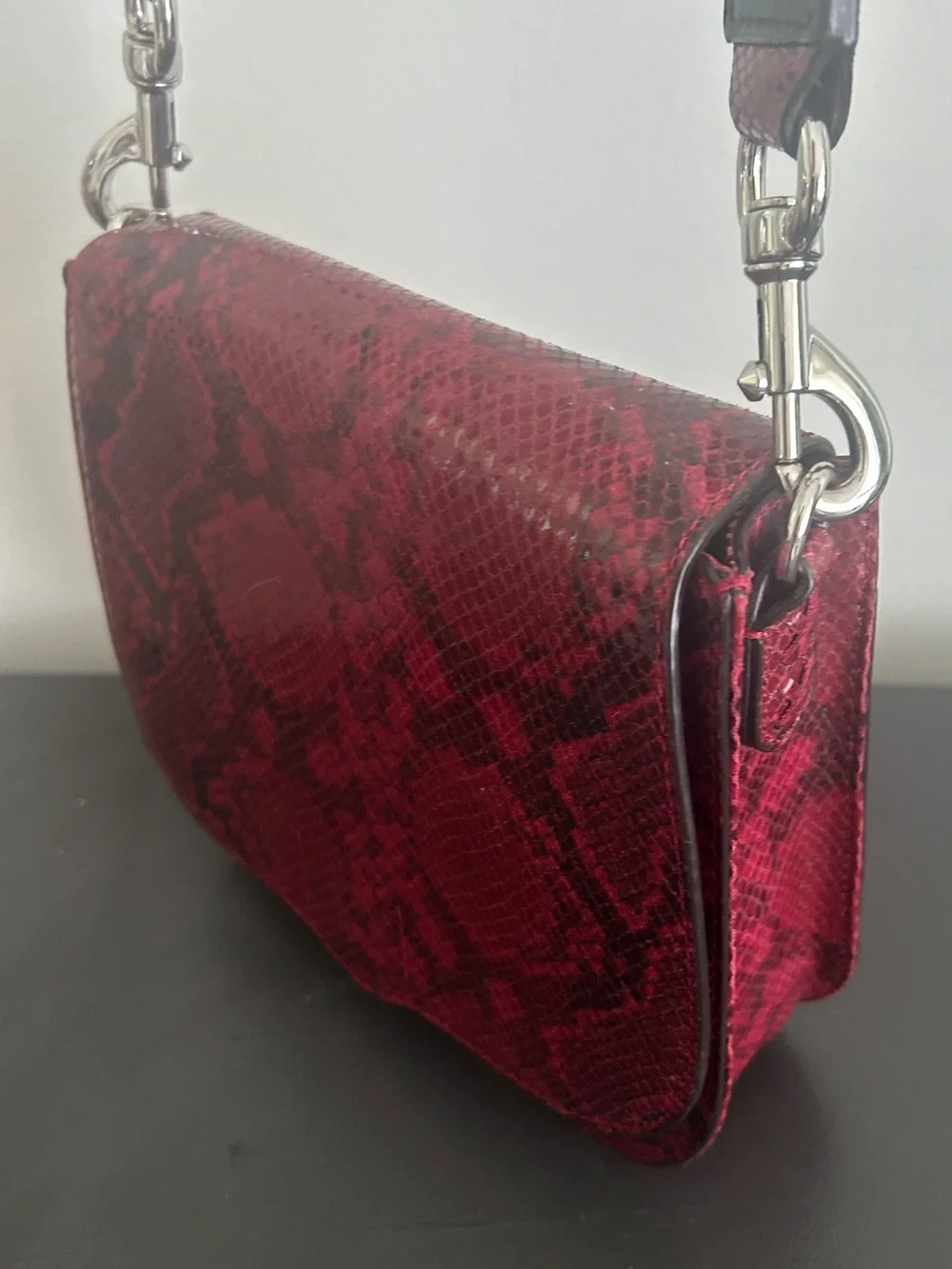 Rebecca Minkoff Red Python Embossed Leather Saddle Crossbody Snake Print Bag